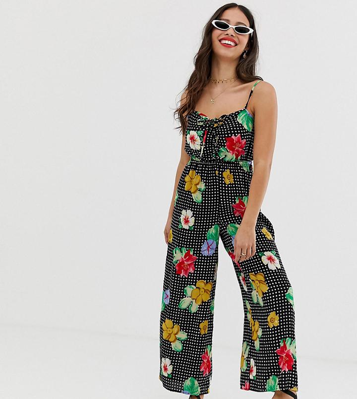 Asos Design Petite Cami Jumpsuit With Gathered Bodice In Floral Print-multi