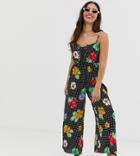 Asos Design Petite Cami Jumpsuit With Gathered Bodice In Floral Print-multi