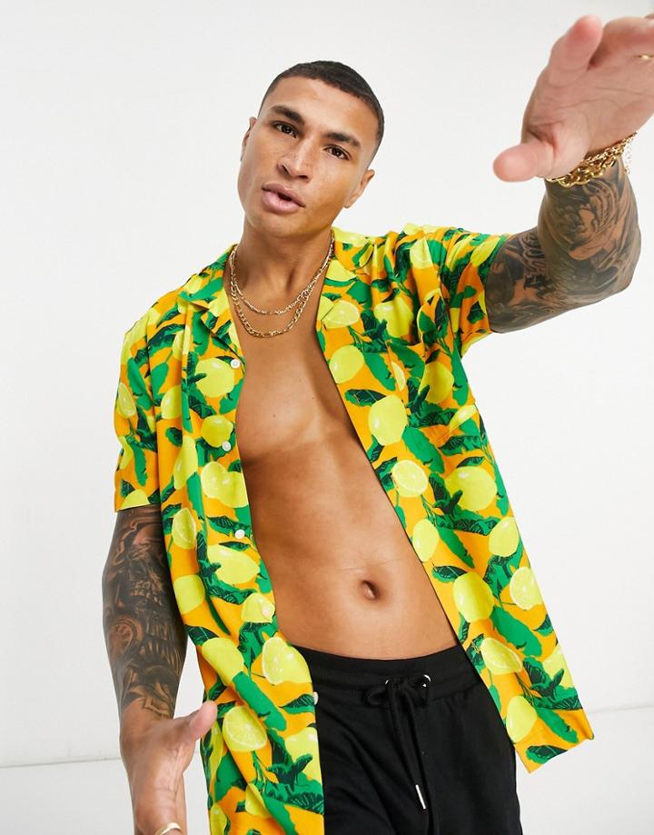 Asos Design Regular Revere Shirt In Lemon Fruit Print - Part Of A Set-orange