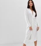 Asos Design Tall Relaxed Long Sleeve Midi Dress With Knot Front - White