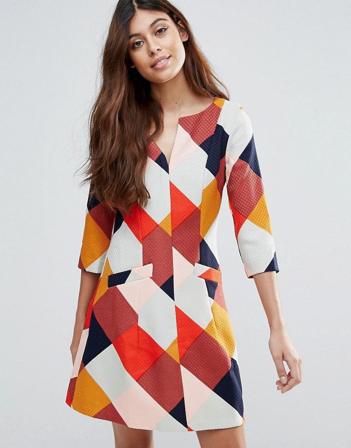 Traffic People Color Block Skater Midi Dress - Red