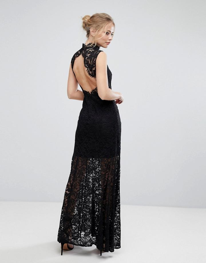 Aijek Lace High Neck Maxi Dress With Open Back And Front Slit - Black