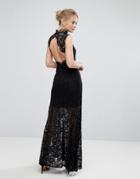 Aijek Lace High Neck Maxi Dress With Open Back And Front Slit - Black