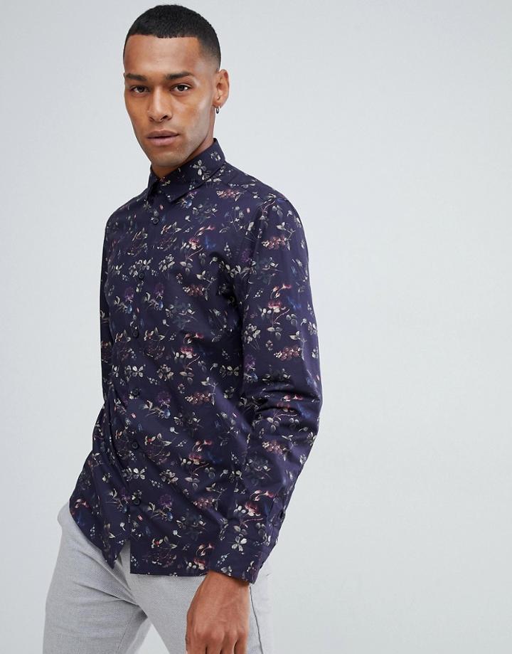 Selected Homme Smart Shirt In Slim Fit All Over Floral Print - Navy