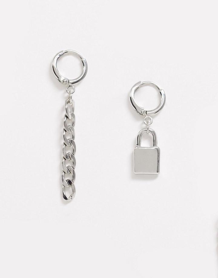 Designb Earring Pack With Lock And Chain Details In Silver