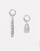 Designb Earring Pack With Lock And Chain Details In Silver