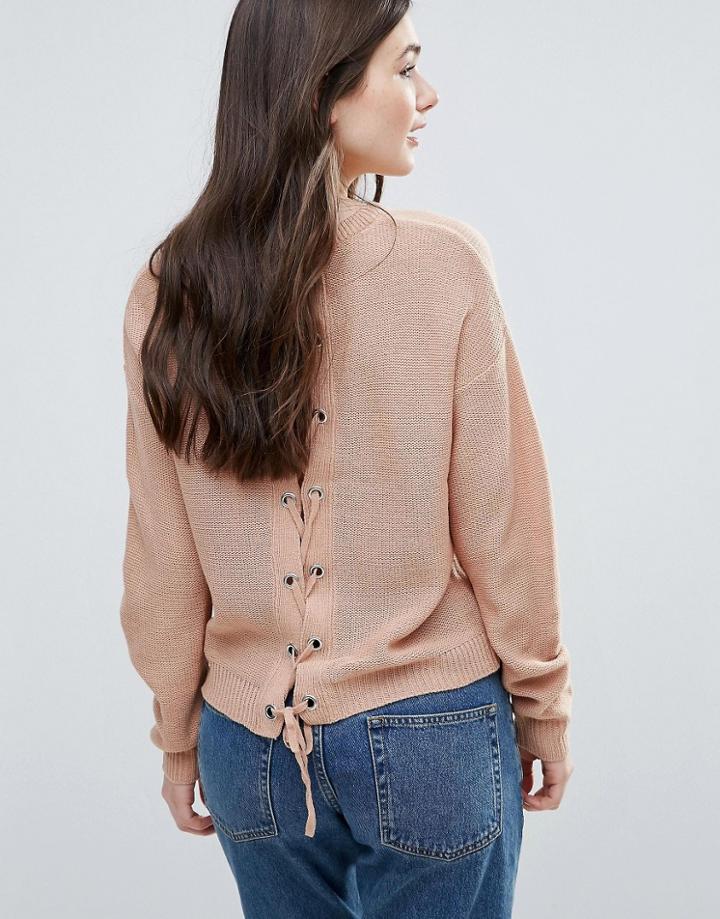 Brave Soul Eyelet Tie Back Sweater - Pink