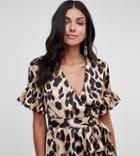 John Zack Tall Tie Waist Wrap Top In Leopard Print - Multi