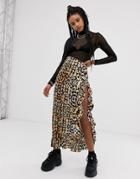 Sacred Hawk Satin Maxi Skirt With Thigh Split In Leopard-multi