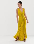 Flounce London Wrap Front Midaxi Dress In Chartreuse - Yellow