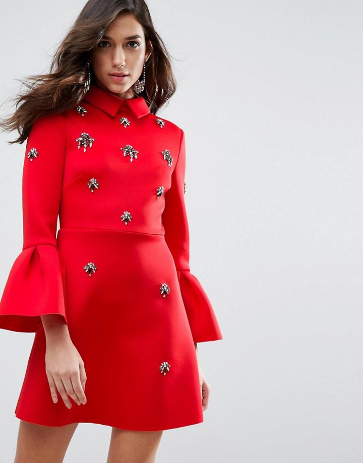 Asos Scuba Embellished A-line Mini Dress - Red