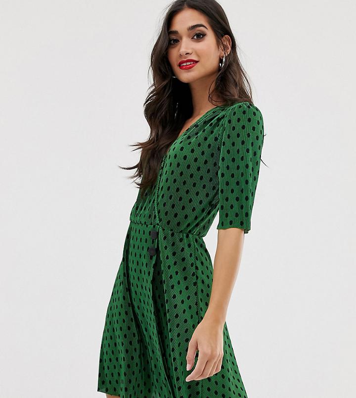 Asos Design Petite Polka Dot Plisse Mini Dress With Button Detail-multi