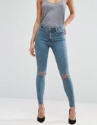 Asos Ridley Skinny Jeans In Lela Wash With Busted Knees And Raw Hem - Blue