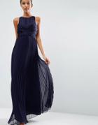 Asos Wedding Pleated Maxi Dress With Ruched Detail - Navy