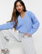 Asos Design Crop Sweater With Cable Detail In Blue-blues