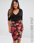 Club L Plus Club L Plus Plunge Midi Dress With Floral Print Skirt - Black
