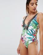 Missguided Lace-up Floral Plunge Swimsuit - Multi