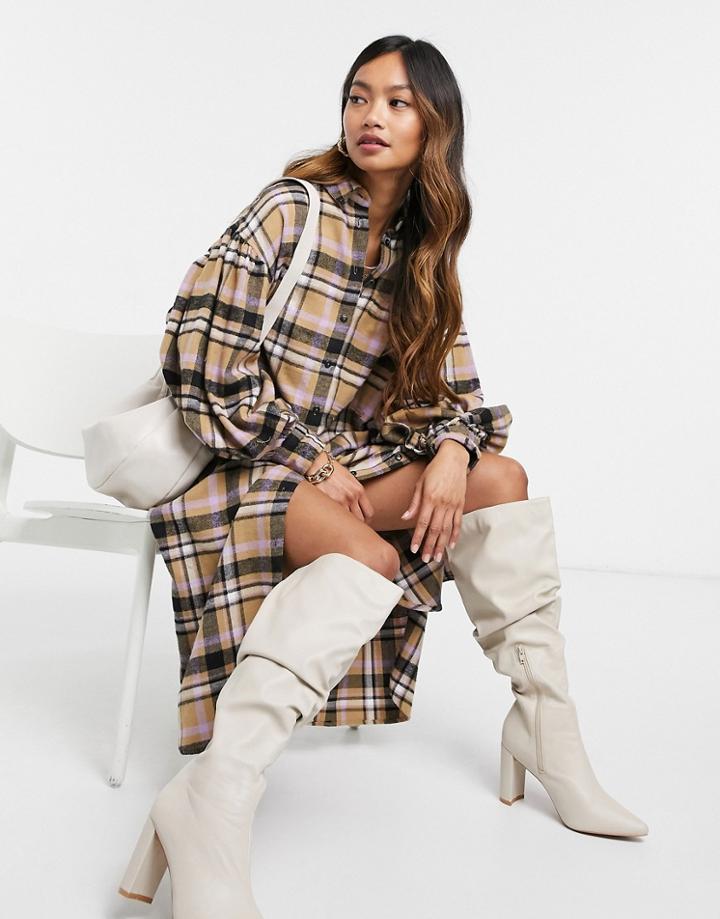 Asos Design Button Through Midi Shirt Dress In Tan Check-multi