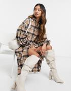 Asos Design Button Through Midi Shirt Dress In Tan Check-multi