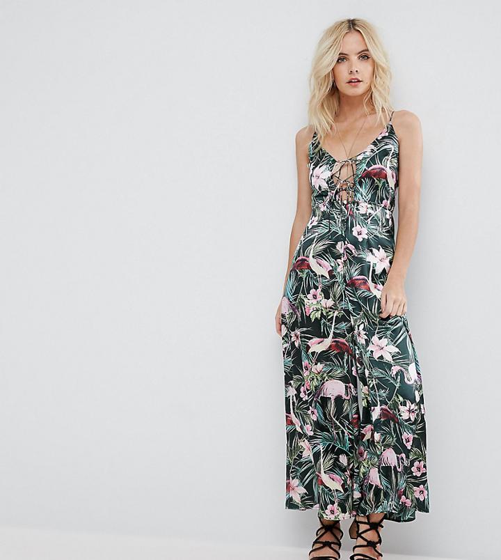 Asos Petite Cami Satin Jumpsuit With Lace Up Front In Floral Print - Multi