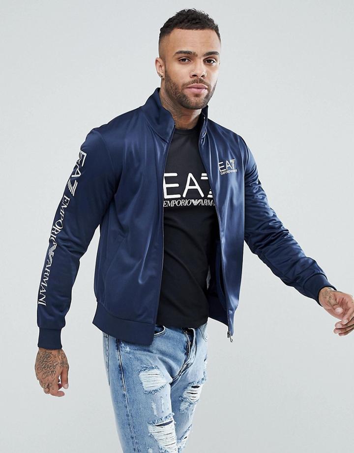 Ea7 Zip Through Tricot Logo Sleeve Sweat In Navy - Navy