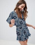 Influence Scarf Print Frill Shorts Romper - Navy