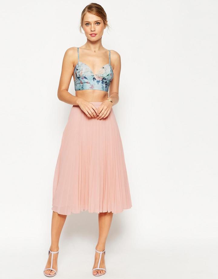 Asos Pleated Midi Skirt - Nude