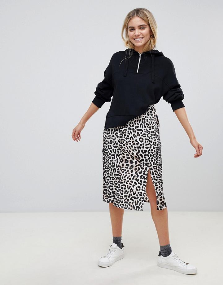 Influence Leopard Print Midi Skirt With Slits - Brown