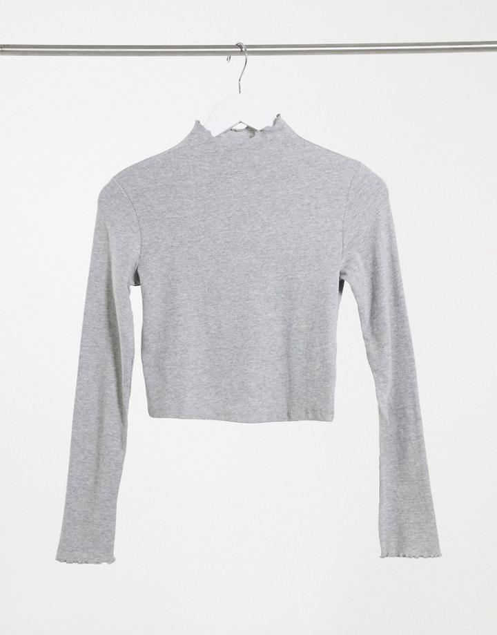 Bershka Ribbed Lettuce Edge Long Sleeve T-shirt In Gray-grey