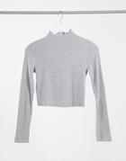 Bershka Ribbed Lettuce Edge Long Sleeve T-shirt In Gray-grey