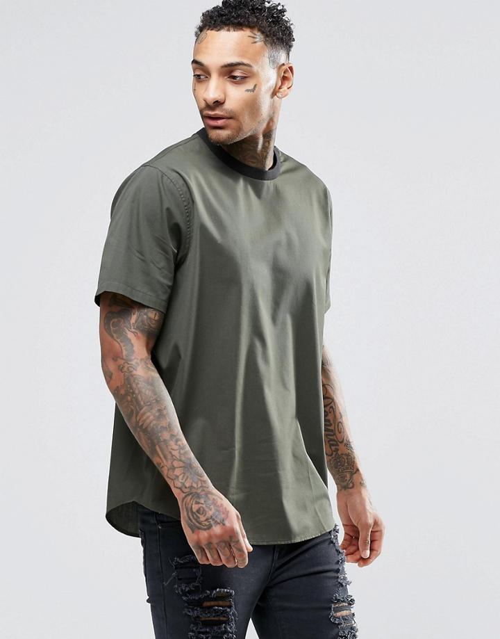 Asos Woven T-shirt In Khaki With Contrast Rib - Khaki