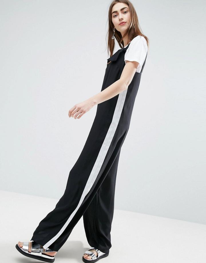 Asos Minimal Wide Leg Jumpsuit With Side Stripe And Splits - Black