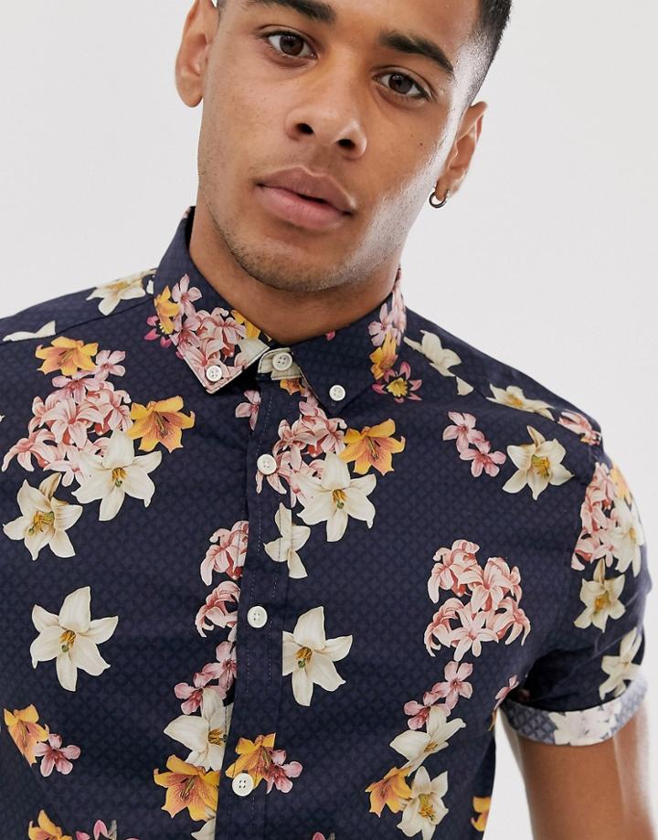 Asos Design Skinny Stretch Floral Shirt In Navy - Navy