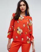 Warehouse Floral Print Fluted Sleeve Top - Multi