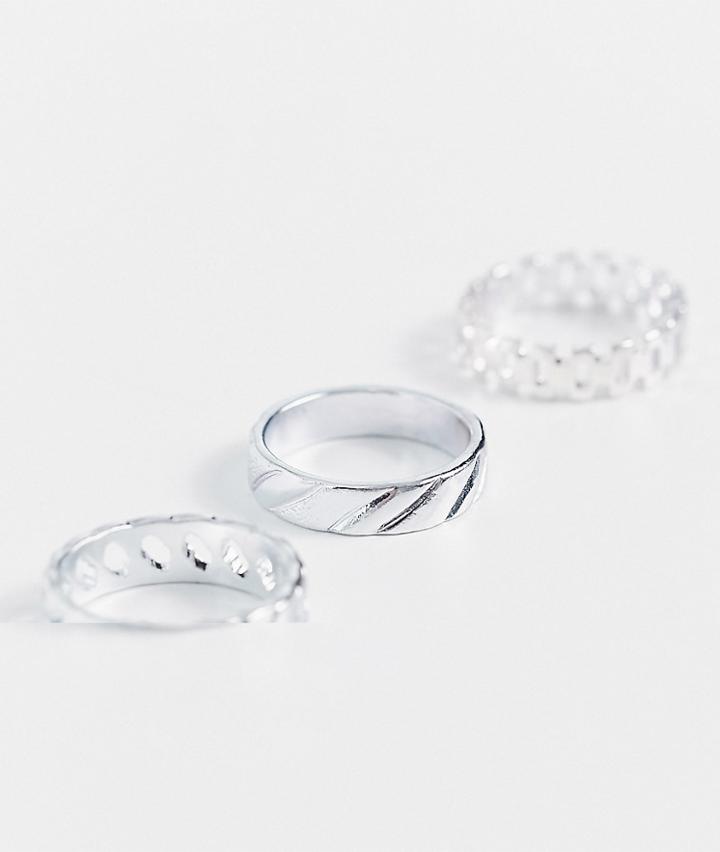 Asos Design 3 Pack Band Ring Set With Embossing And Chain In Real Silver Plate