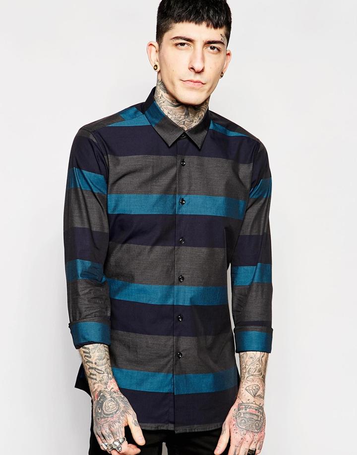 Devil's Advocate Block Print Slim Fit Shirt - Blue