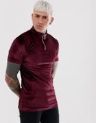 Asos Design Muscle T-shirt With Stretch And Turtle Zip Neck In Burgundy Velour - Red