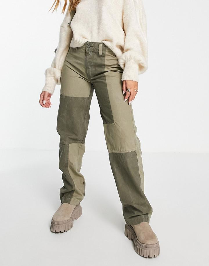Asos Design Patchwork Utility Pants In Khaki Marble Wash-green