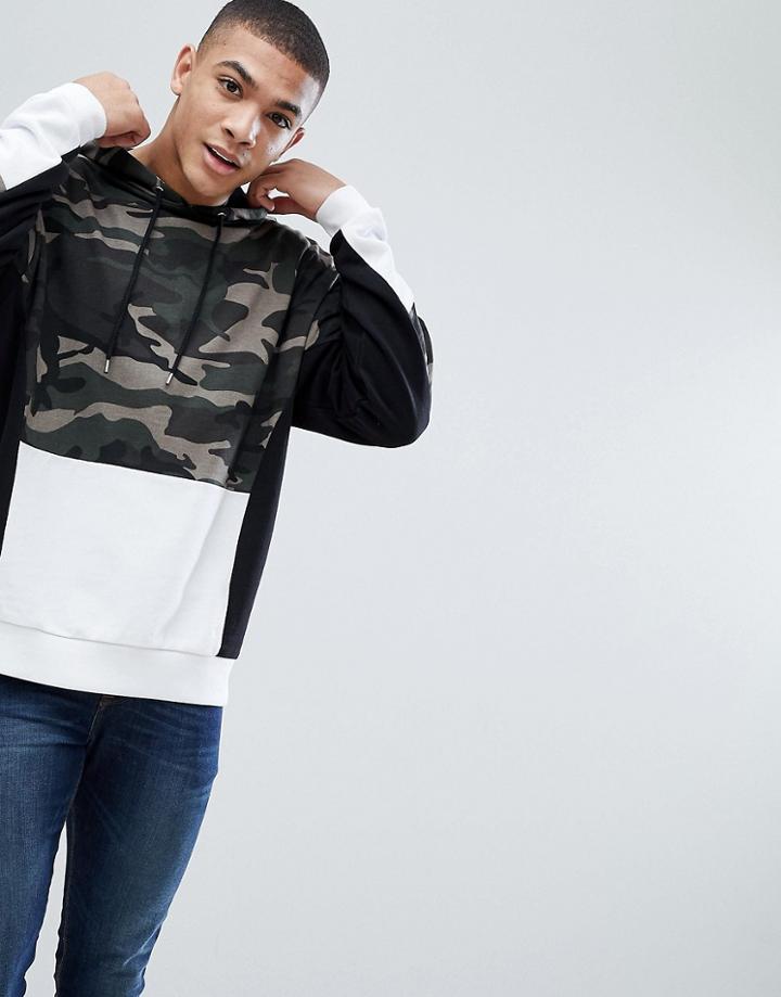 Asos Oversized Hoodie With Cut & Sew Camo Print - Black