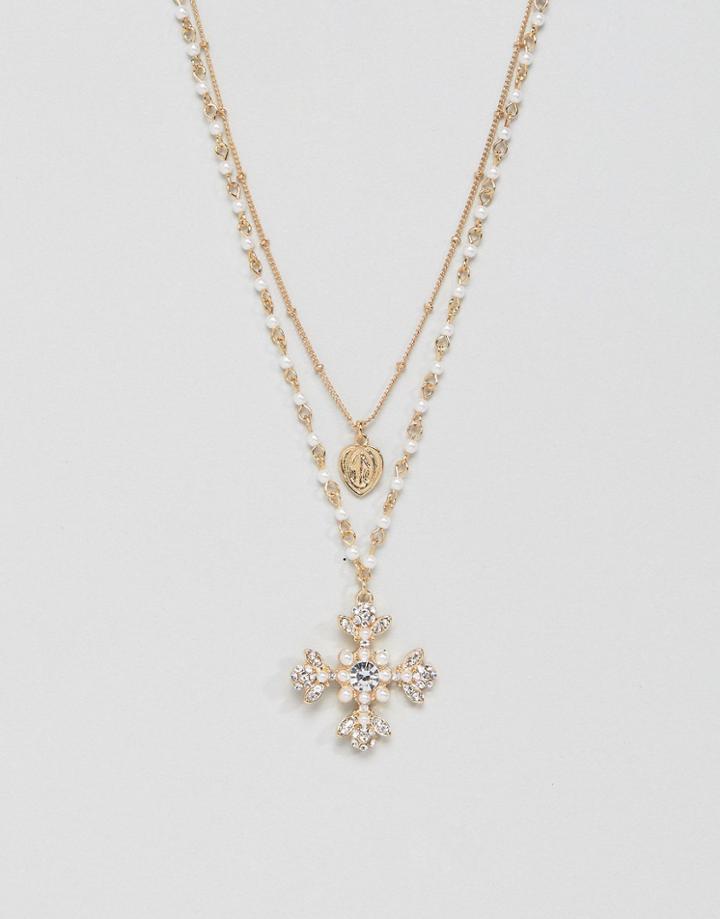 Asos Design Multirow Necklace With Pearls And Vintage Style Jewel Cross Pendant In Gold - Gold