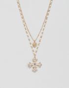 Asos Design Multirow Necklace With Pearls And Vintage Style Jewel Cross Pendant In Gold - Gold