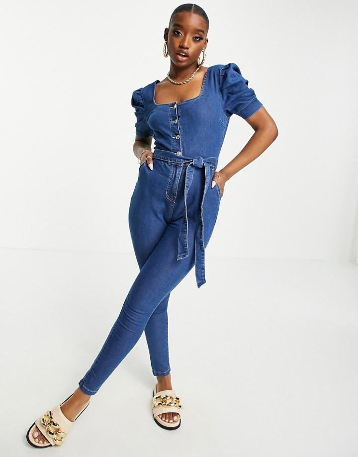 Parisian Belted Denim Jumpsuit In Mid Wash Blue-blues