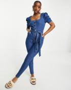Parisian Belted Denim Jumpsuit In Mid Wash Blue-blues