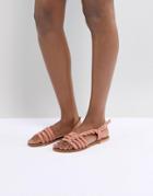 Asos Design Flattered Leather Plaited T-bar Flat Sandals - Orange