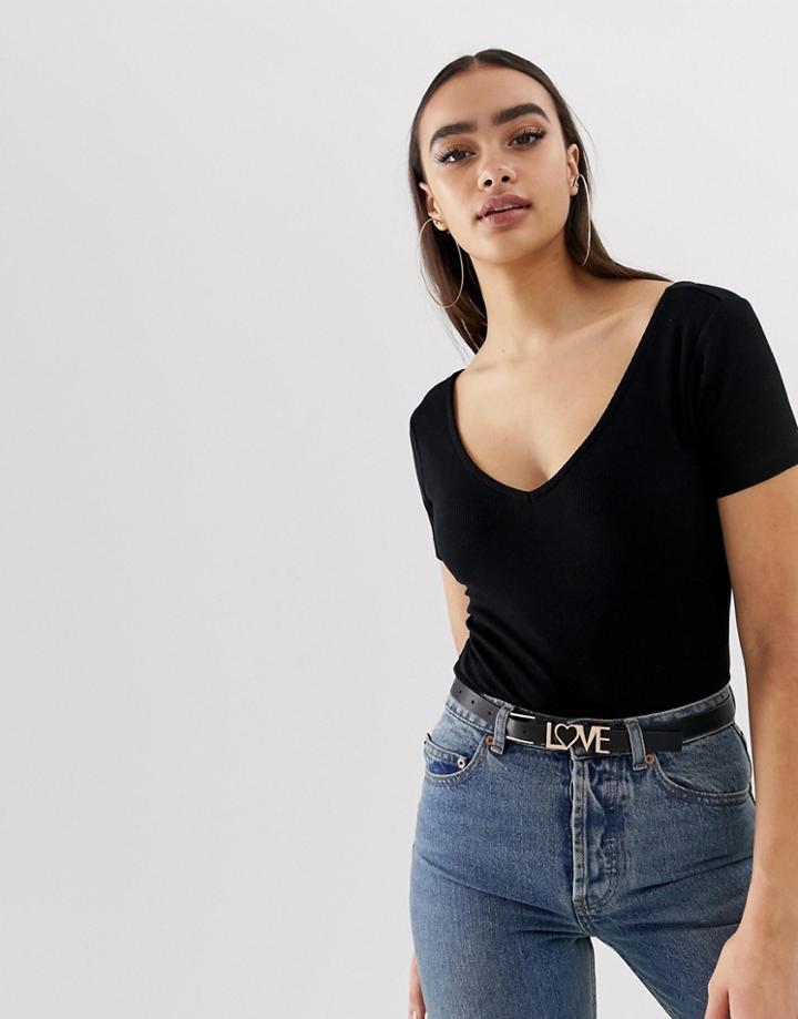 Asos Design V Neck And V Back Body With Short Sleeve In Black - Black