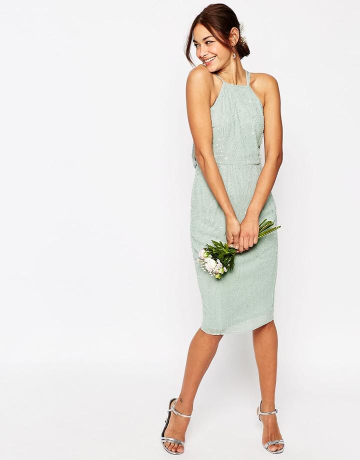 Asos Wedding Embellished Cami Drape Back Midi Pencil Dress - Soft Mint