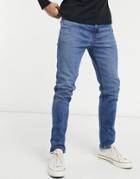 Asos Design Skinny Jeans In 'less Thirsty' Dark Blue Wash