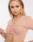 Missguided Recycled Ruched Front Crop Top In Camel-neutral