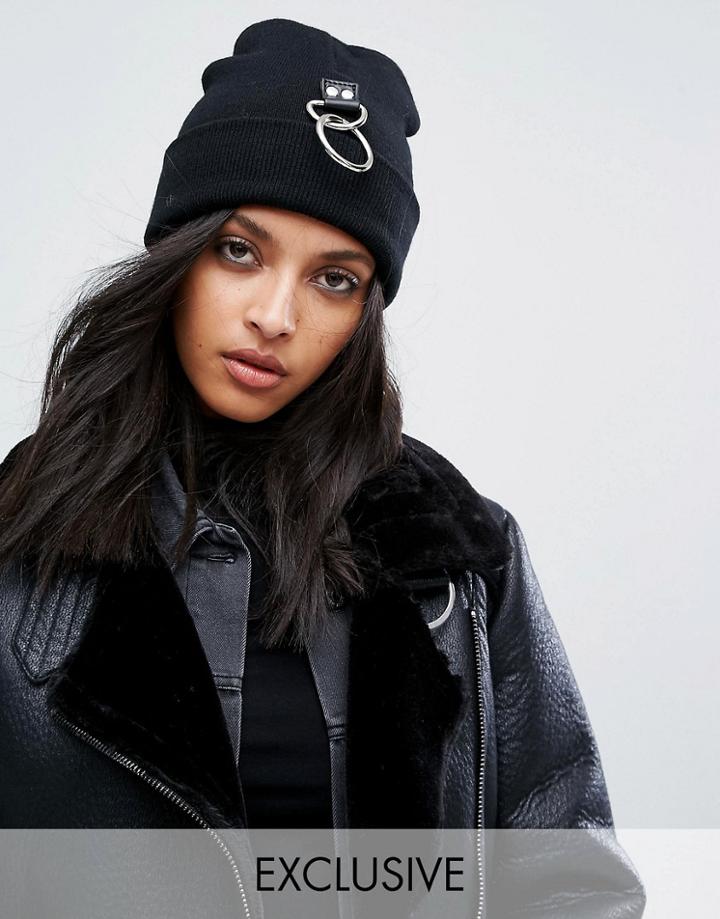 Shikumi Ribbed Beanie With Piercing Ring Detail - Gray