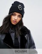 Shikumi Ribbed Beanie With Piercing Ring Detail - Gray